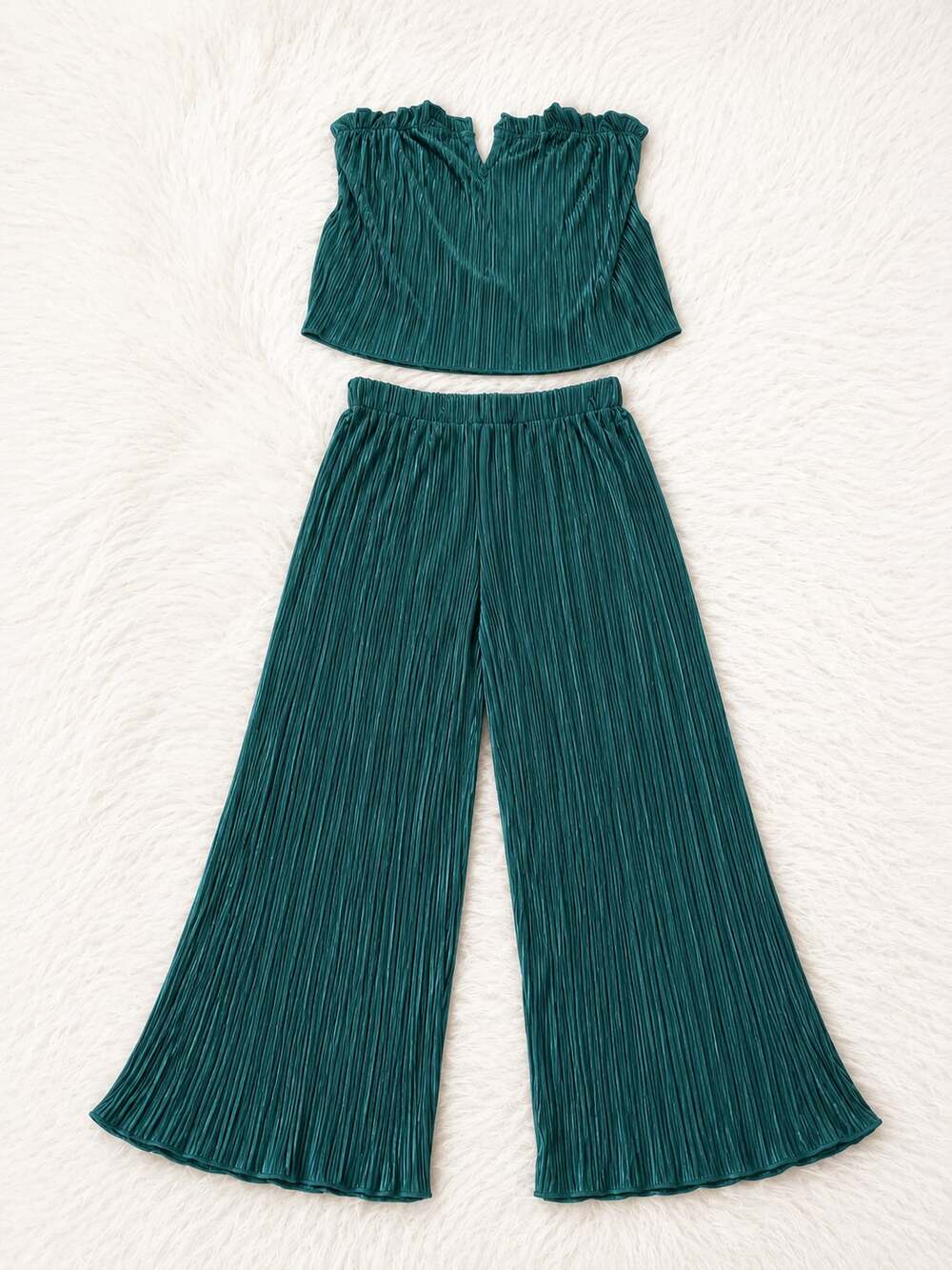SHEIN Plisse Ruched Strapless Crop Top and Pants Dark Green Co-Ord Set Size L